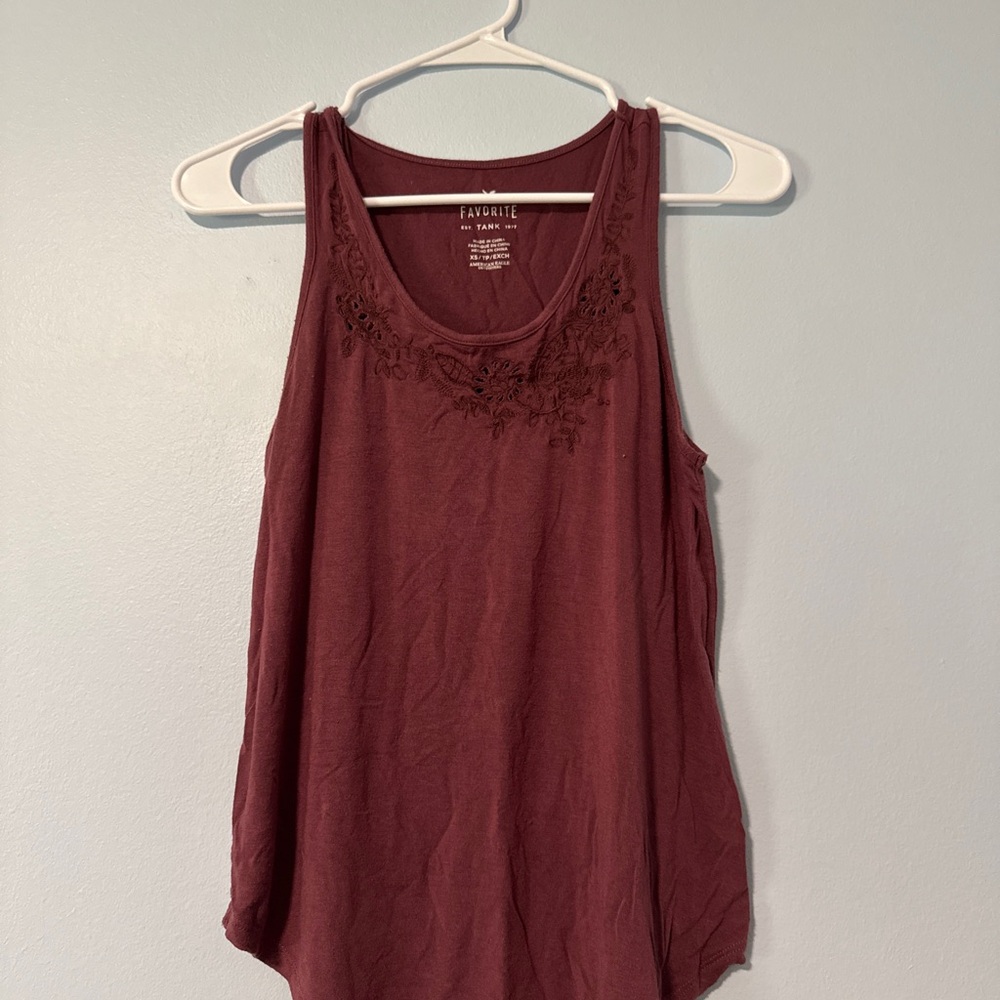 American Eagle Women's Maroon Embroidered Tank Top